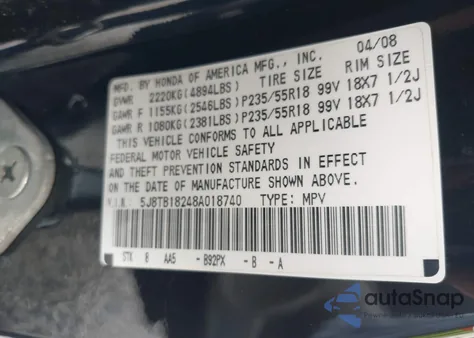 2008 Acura Rdx z USA, uszkodzony, nr VIN 5J8TB18248A018740